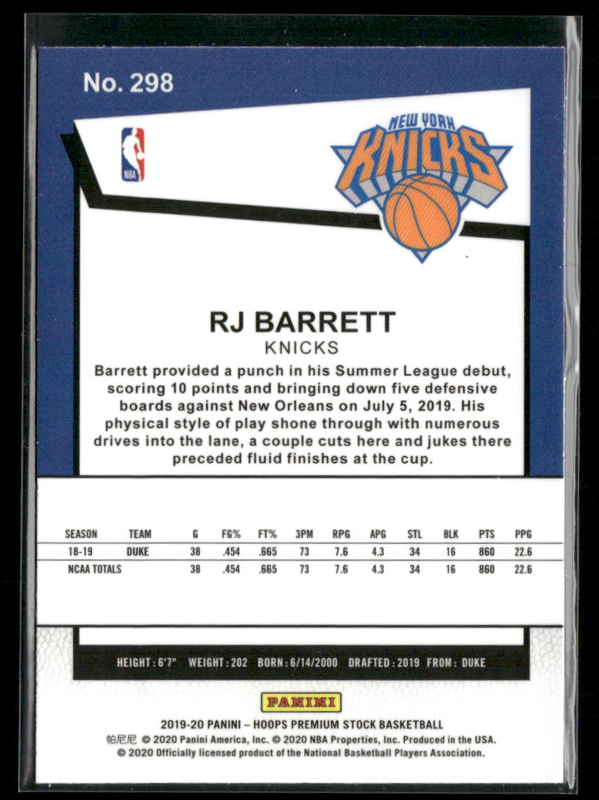 RJ Barrett 2019-20 Hoops Premium Stock #298 New York Knicks back