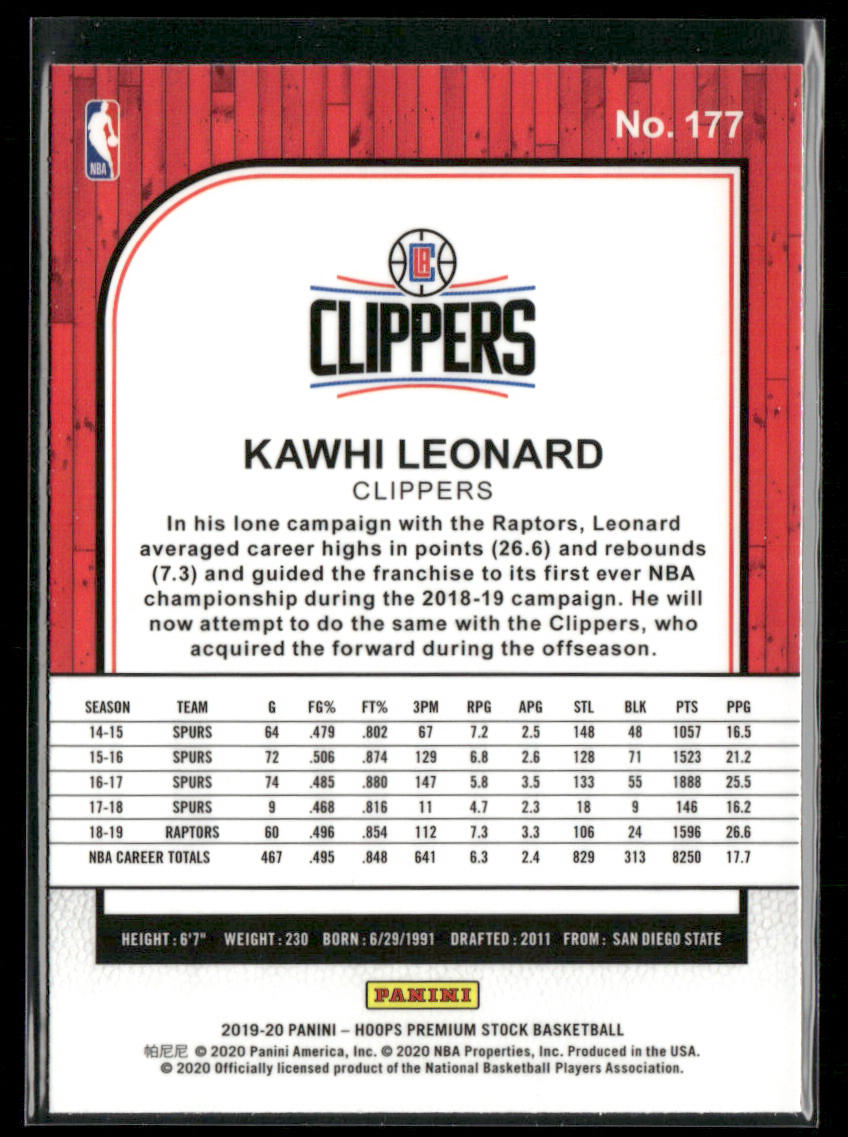 Kawhi Leonard 2019-20 Hoops Premium Stock #177 Los Angeles Clippers back