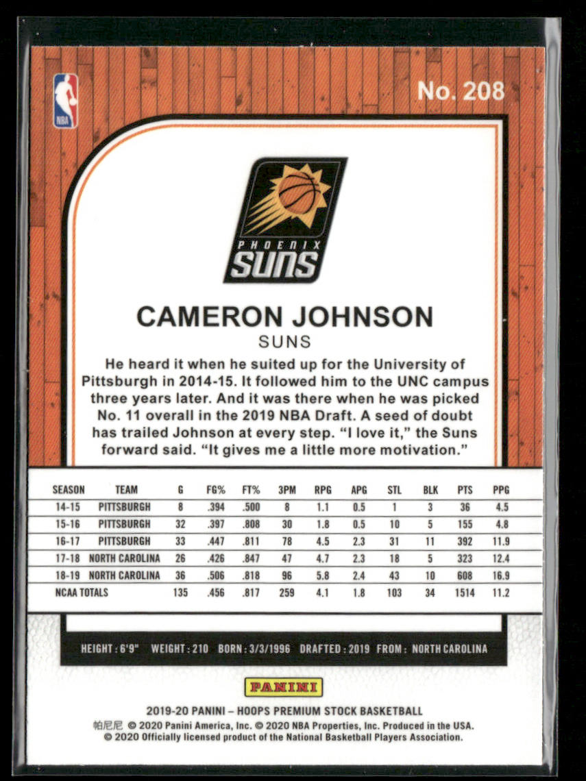 Cameron Johnson 2019-20 Hoops Premium Stock #208 RC Phoenix Suns back
