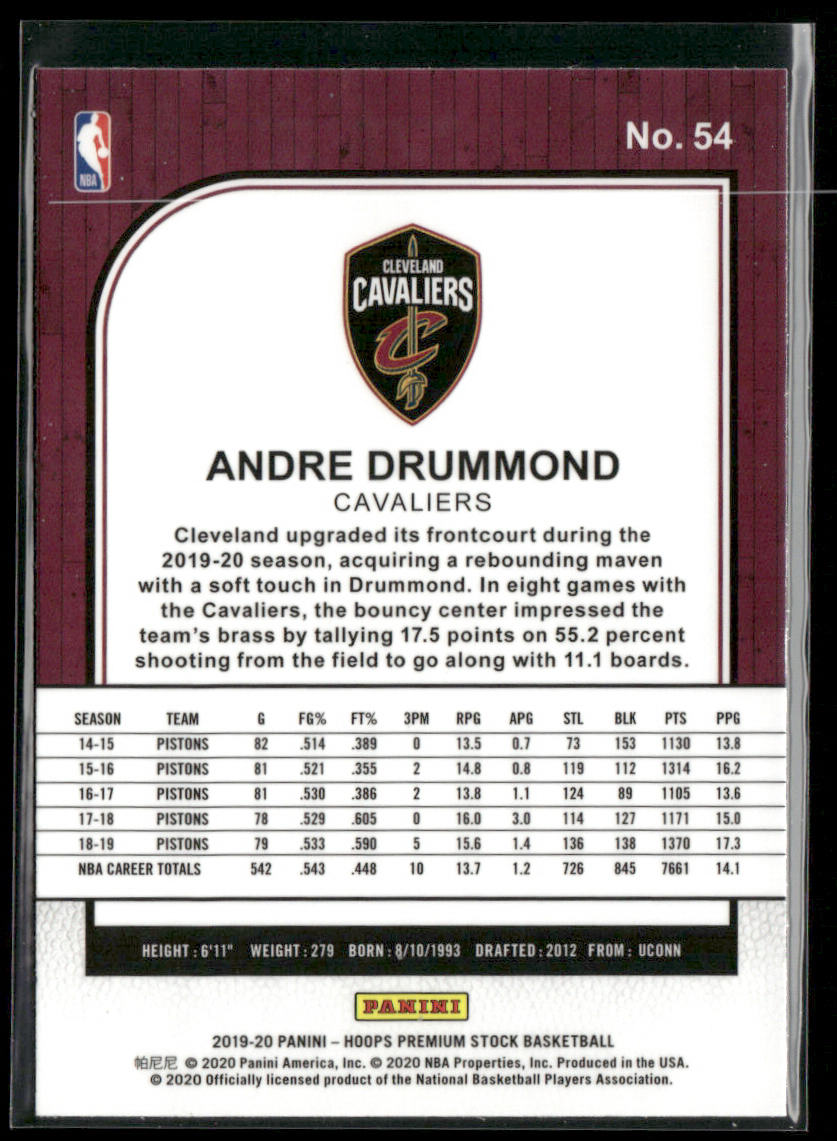 Andre Drummond 2019-20 Hoops Premium Stock #54 Cleveland Cavaliers back