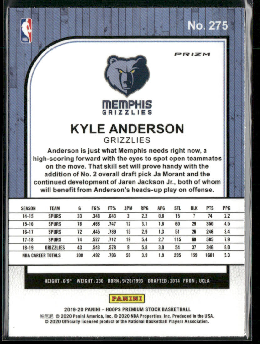 Kyle Anderson 2019-20 Hoops Premium Stock Prizms Silver #275 Memphis Grizzlies back