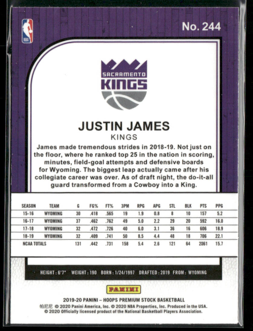 Justin James 2019-20 Hoops Premium Stock Prizms Silver #244 RC Sacramento Kings back