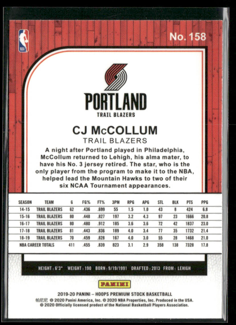 CJ McCollum 2019-20 Hoops Premium Stock #158 Portland Trail Blazers back