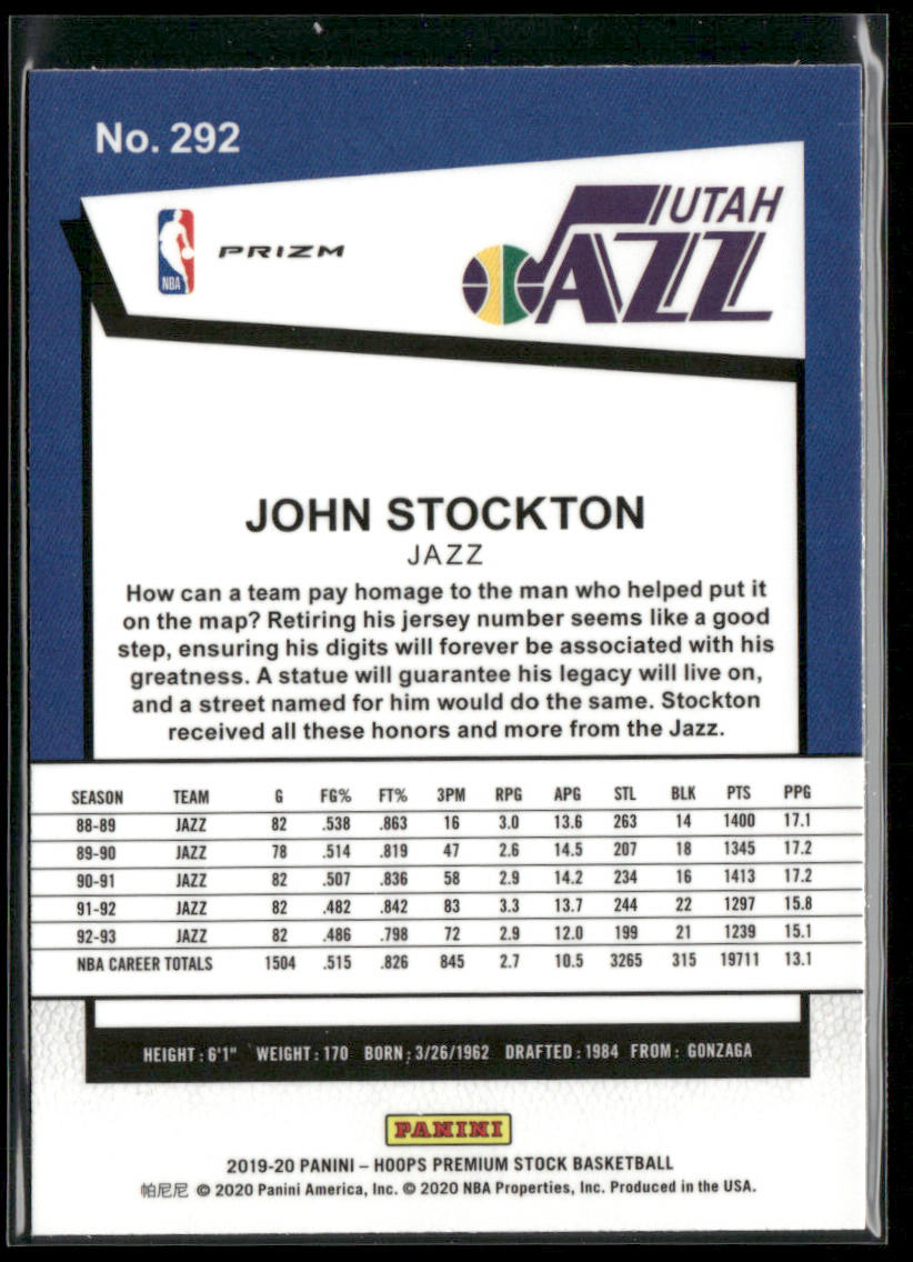 John Stockton 2019-20 Hoops Premium Stock Prizms Red #292 Utah Jazz back