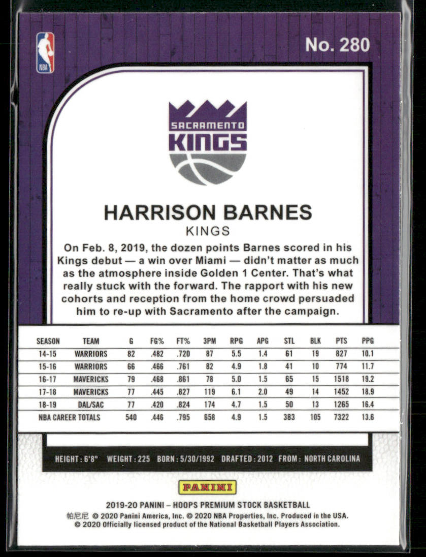 Harrison Barnes 2019-20 Hoops Premium Stock #280 Sacramento Kings back