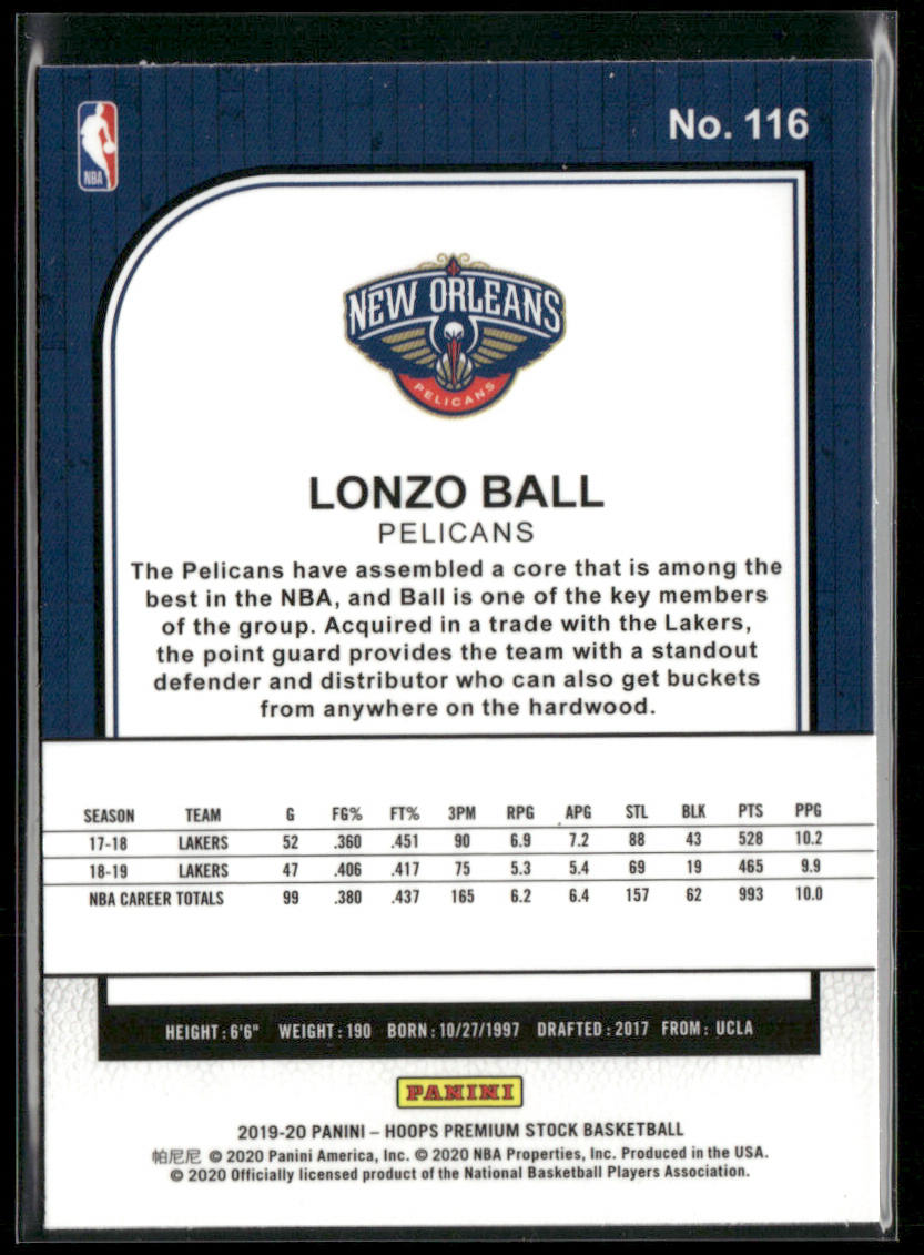 Lonzo Ball 2019-20 Hoops Premium Stock #116 New Orleans Pelicans back