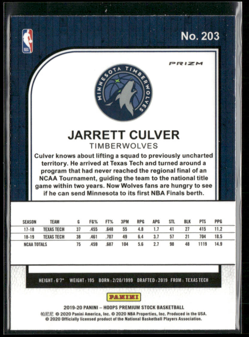 Jarrett Culver 2019-20 Hoops Premium Stock Prizms Silver Mojo #203 RC back