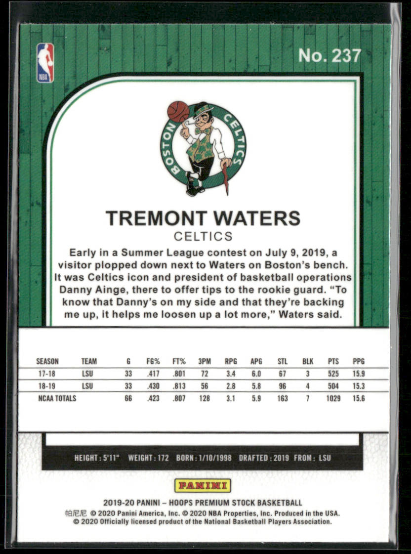Tremont Waters 2019-20 Hoops Premium Stock #237 RC Boston Celtics back