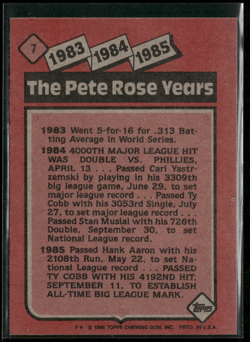 The Pete Rose Years: 1983-1985 TPRY 1986 Topps #7 back