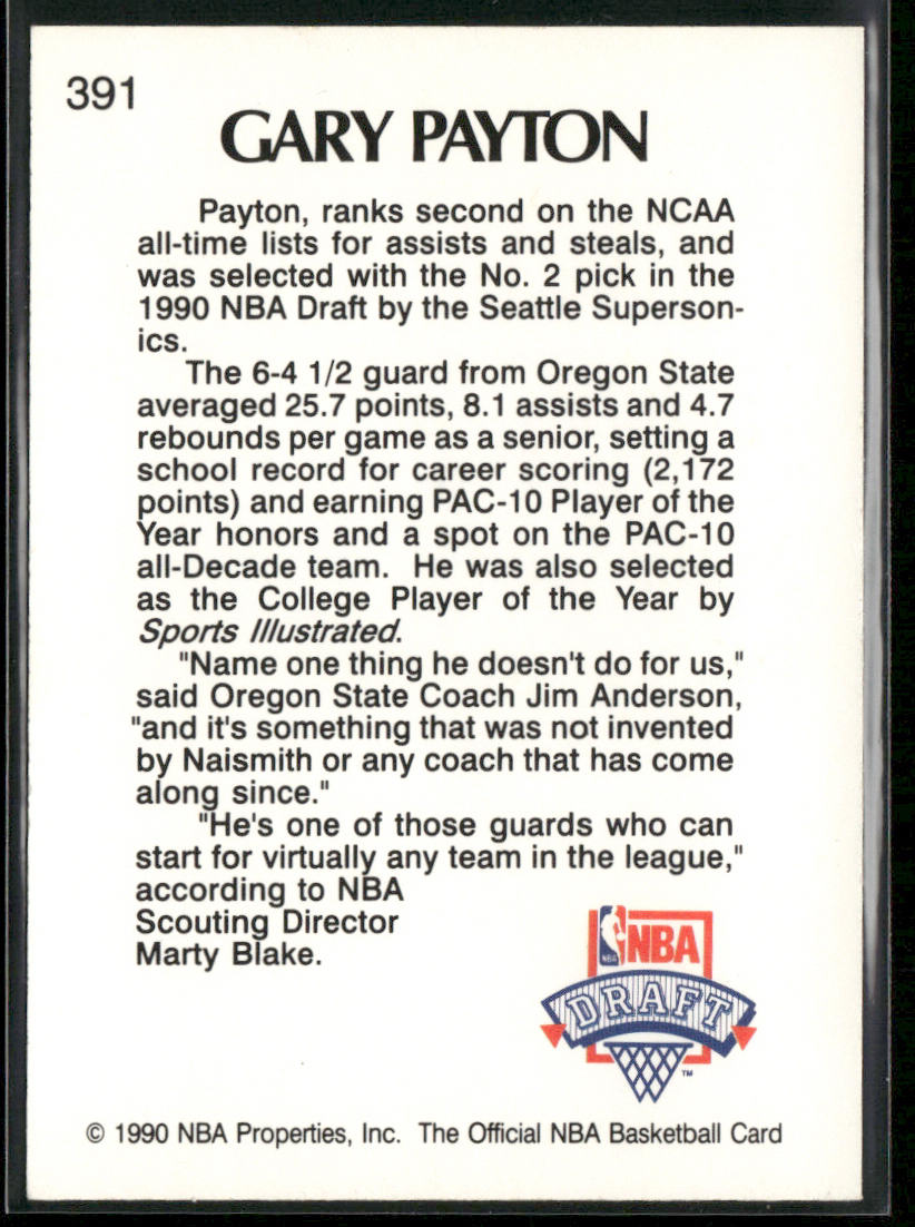 Gary Payton 1990-91 Hoops #391 RC Seattle SuperSonics back