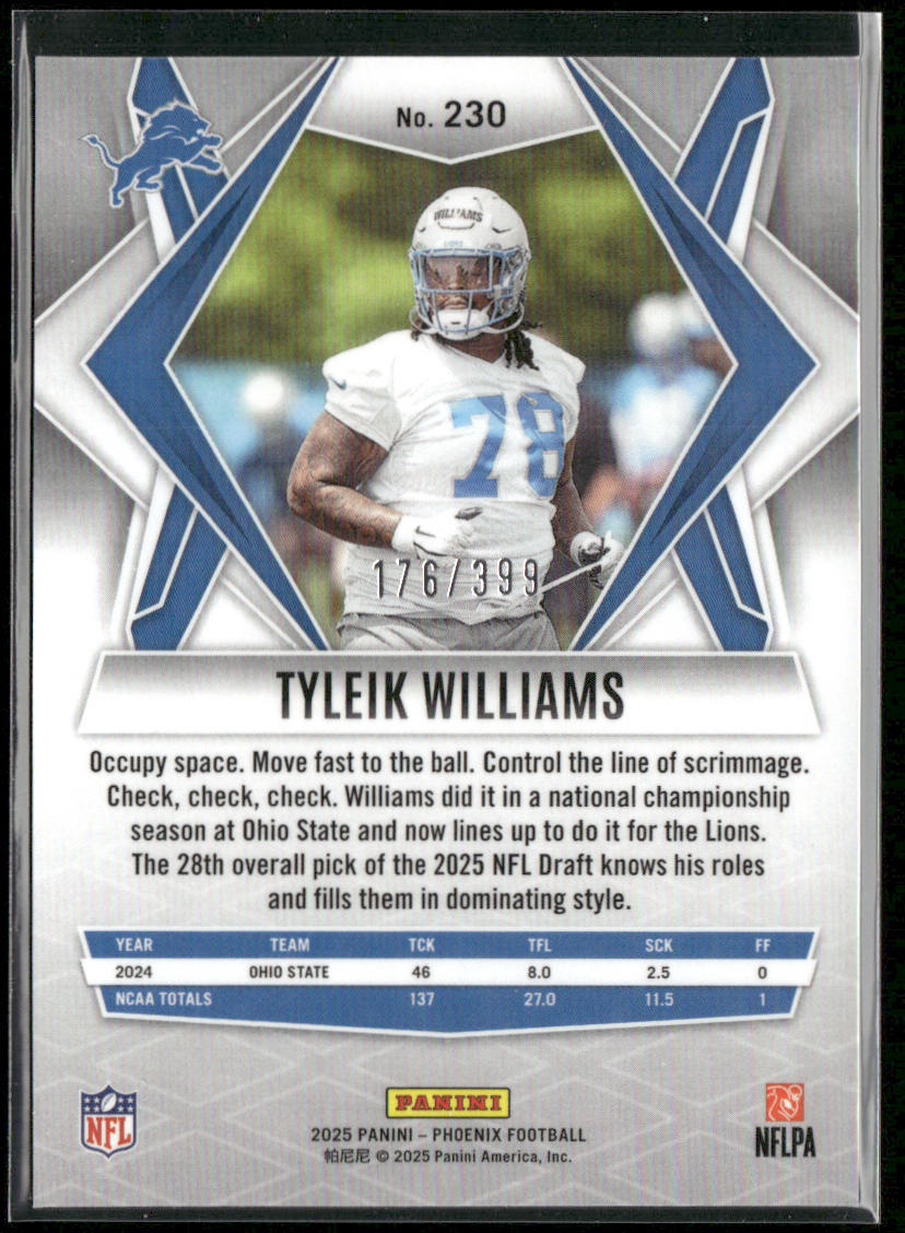 Tyleik Williams 2025 Panini Phoenix Red Hyper Prizm #230 SN,RC Detroit Lions back