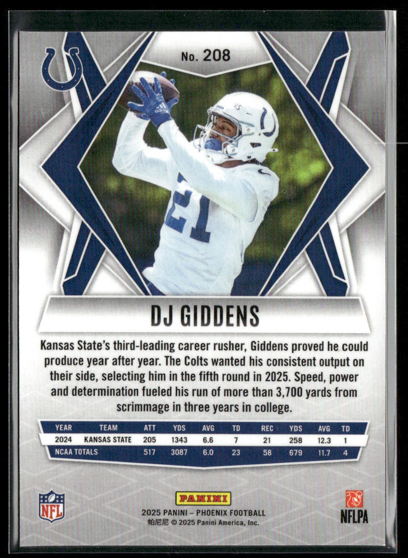 DJ Giddens 2025 Panini Phoenix #208 RC Indianapolis Colts back