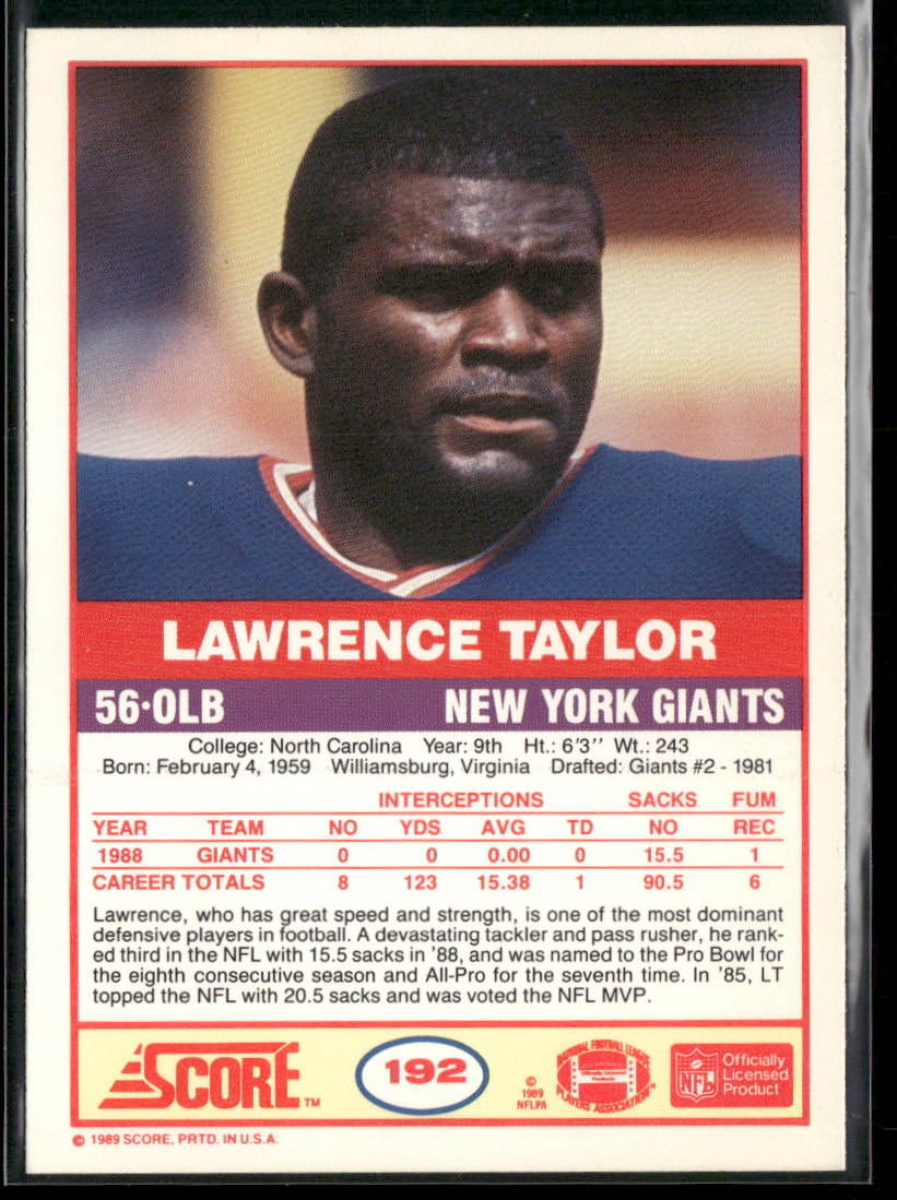Lawrence Taylor 1989 Score #192 New York Giants front
