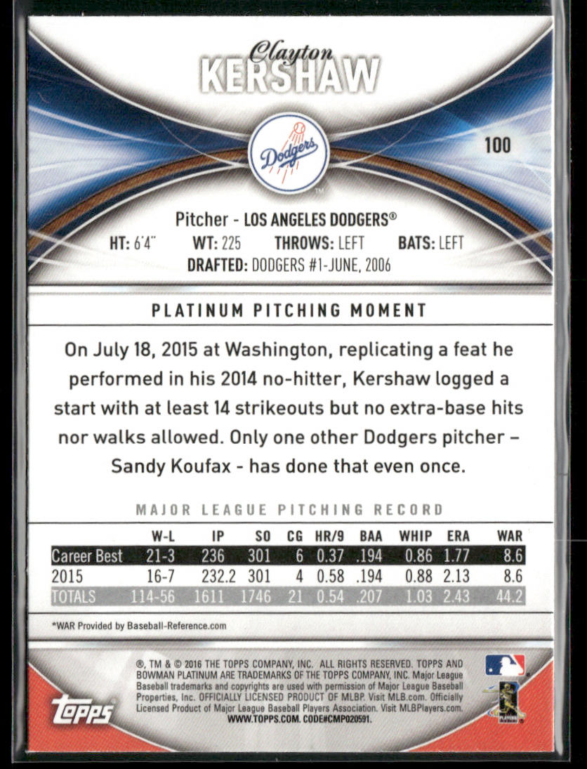 Clayton Kershaw 2016 Bowman Platinum #100 Los Angeles Dodgers back