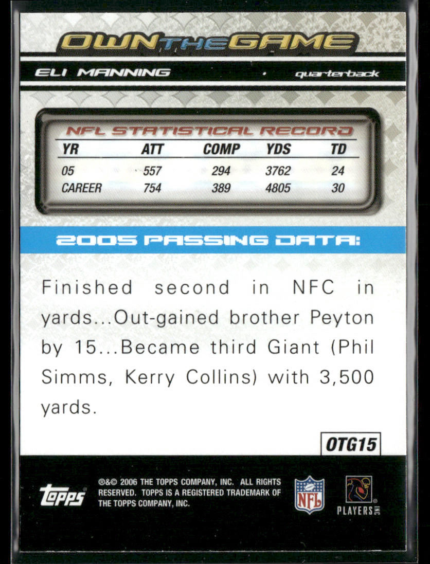 Eli Manning 2006 Topps Own the Game #OTG15 New York Giants back