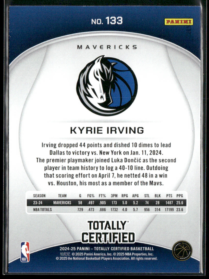 Kyrie Irving 2024-25 Panini Totally Certified #133 Dallas Mavericks back