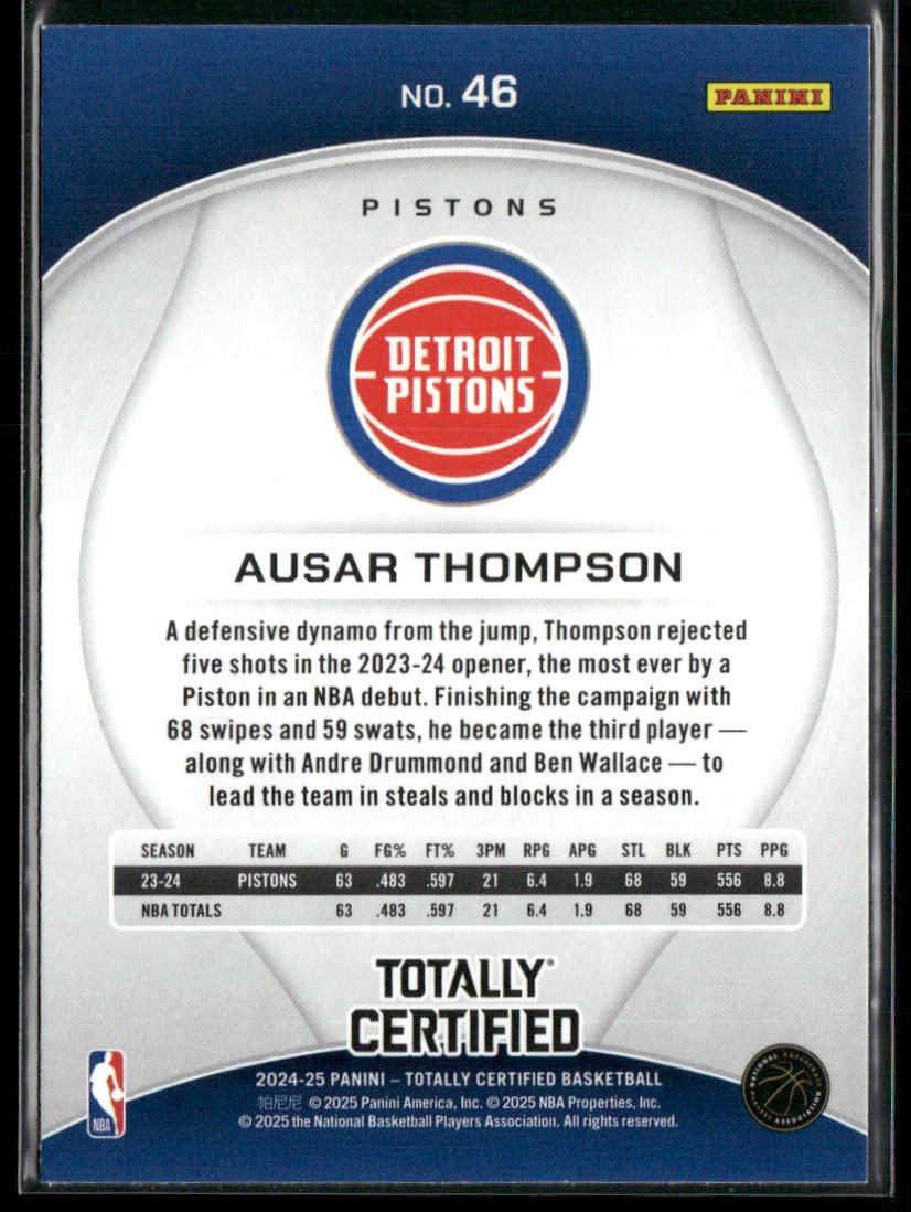 Ausar Thompson 2024-25 Panini Totally Certified #46 Detroit Pistons back