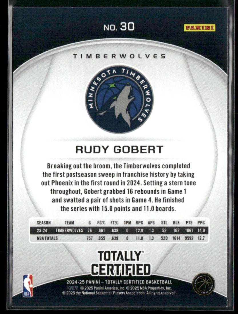 Rudy Gobert 2024-25 Panini Totally Certified #30 Minnesota Timberwolves back