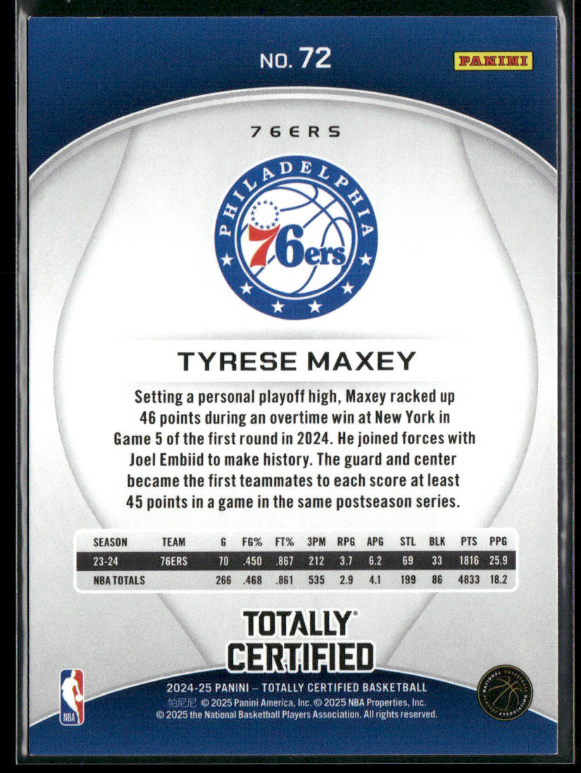 Tyrese Maxey 2024-25 Panini Totally Certified #72 Philadelphia 76ers back