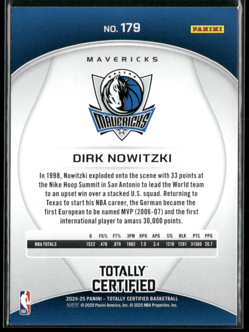 Dirk Nowitzki 2024-25 Panini Totally Certified #179 Dallas Mavericks back