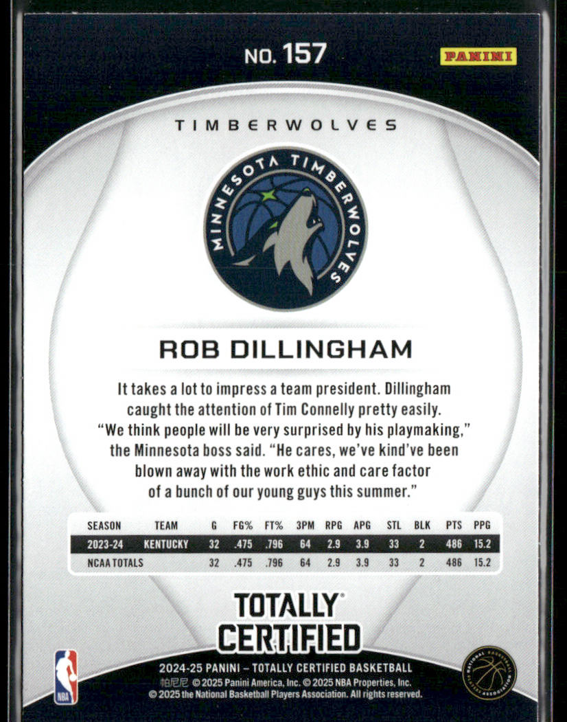 Rob Dillingham 2024-25 Panini Totally Certified #157 RC Minnesota Timberwolves back