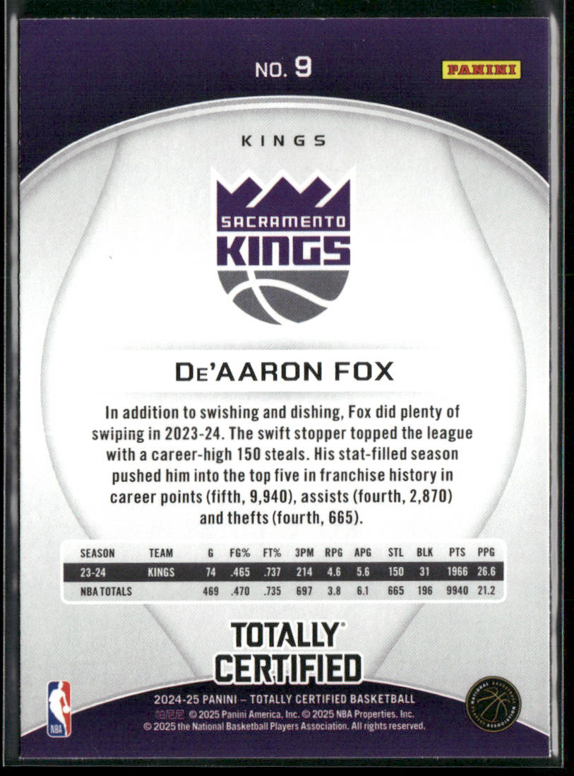 De'Aaron Fox 2024-25 Panini Totally Certified Mirror Purple #9 Sacramento Kings back