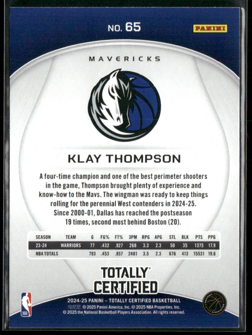 Klay Thompson 2024-25 Panini Totally Certified #65 Dallas Mavericks back