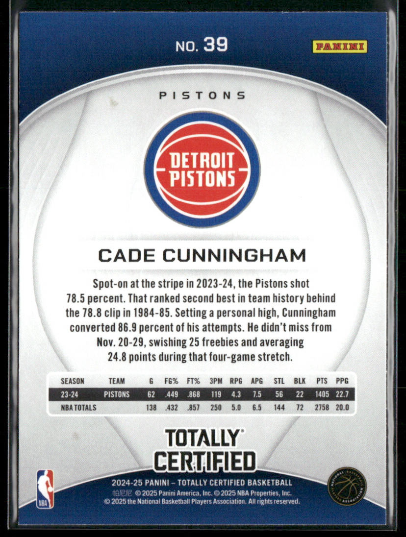Cade Cunningham 2024-25 Panini Totally Certified #39 Detroit Pistons back