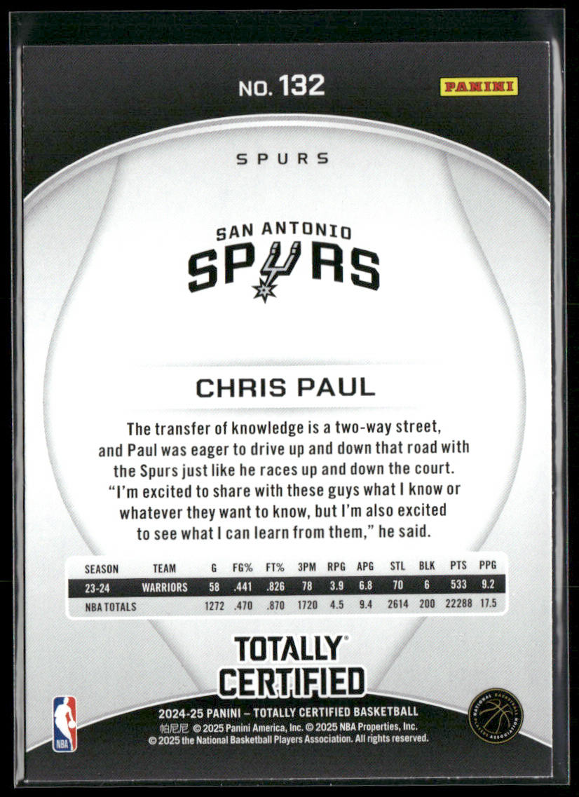 Chris Paul 2024-25 Panini Totally Certified #132 San Antonio Spurs back