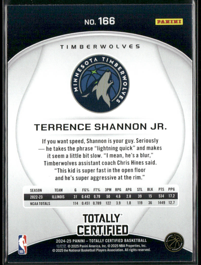 Terrence Shannon Jr. 2024-25 Panini Totally Certified #166 RC Timberwolves back