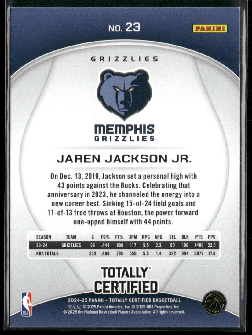 Jaren Jackson Jr. 2024-25 Panini Totally Certified #23 Memphis Grizzlies back