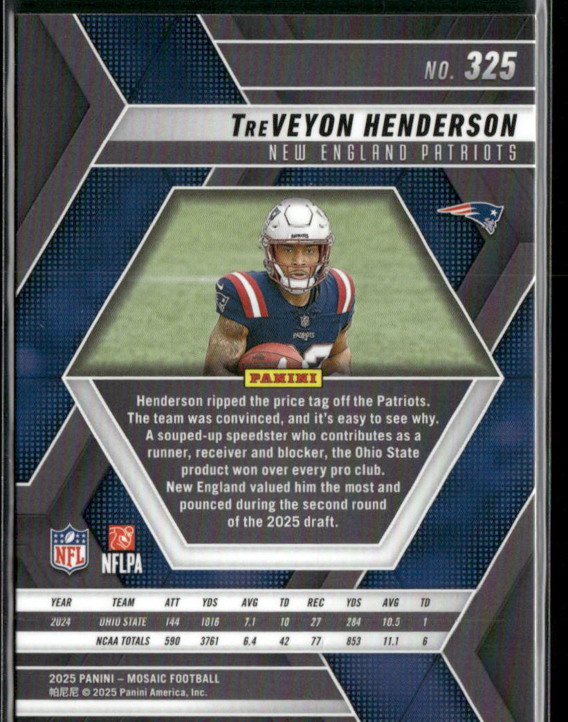 TreVeyon Henderson 2025 Panini Mosaic #325 RC New England Patriots back