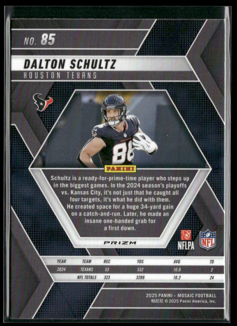 Dalton Schultz 2025 Panini Mosaic Mosaic Reactive Yellow #85 Houston Texans back