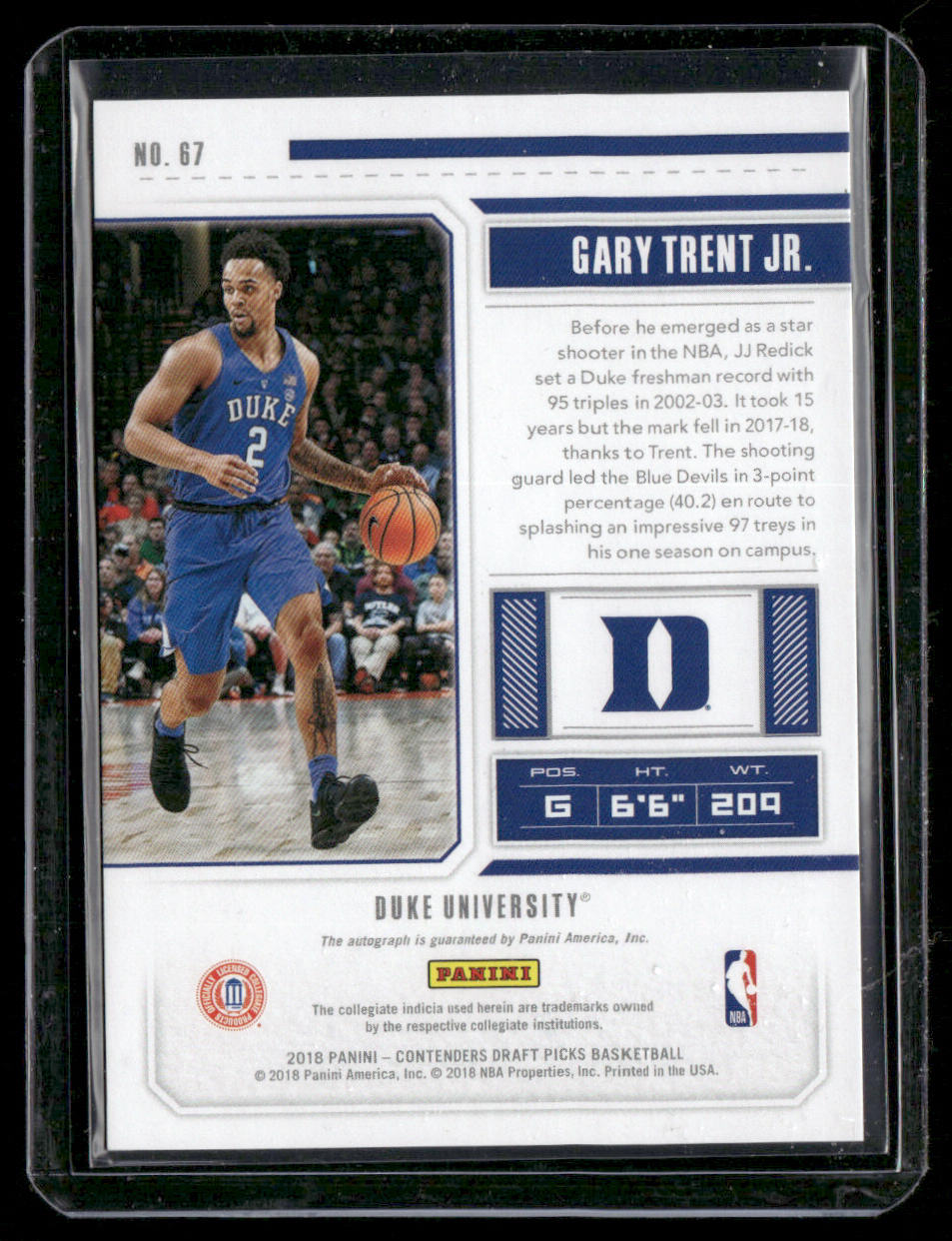 Gary Trent Jr. 2018 Panini Contenders Draft Picks Draft Ticket #67 SN,AU back