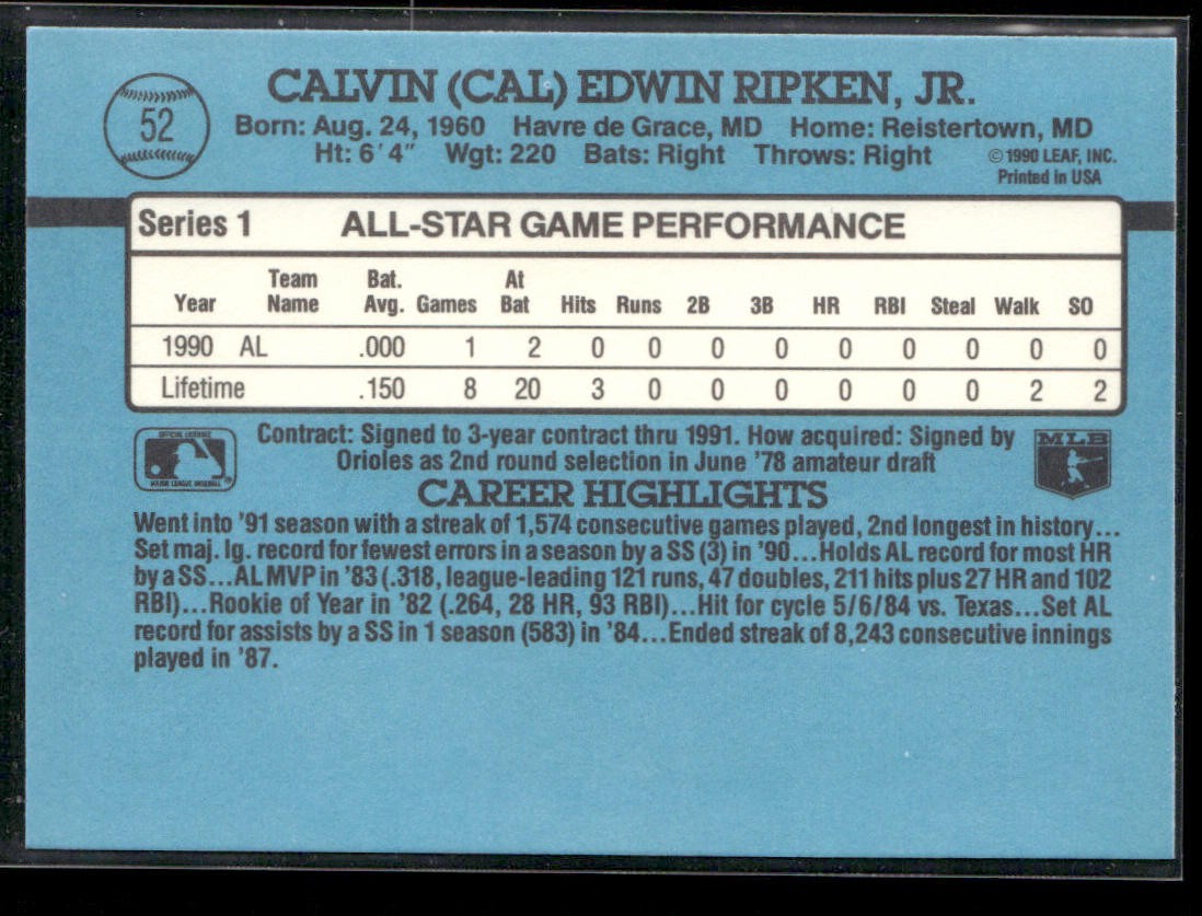 Cal Ripken Jr. Player Lot Bundle 10 Different Baseball Cards CRJ002 Orioles back