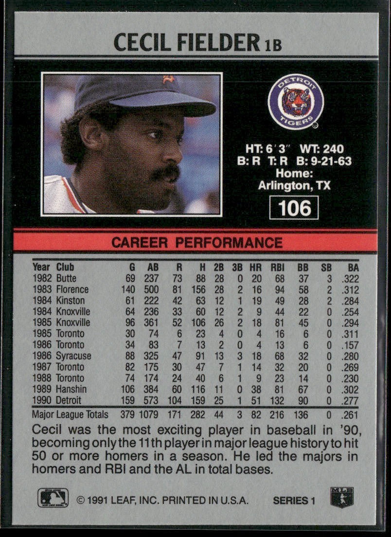 Cecil Fielder Player Lot Bundle 10 Different Baseball Cards CF001 Tigers back