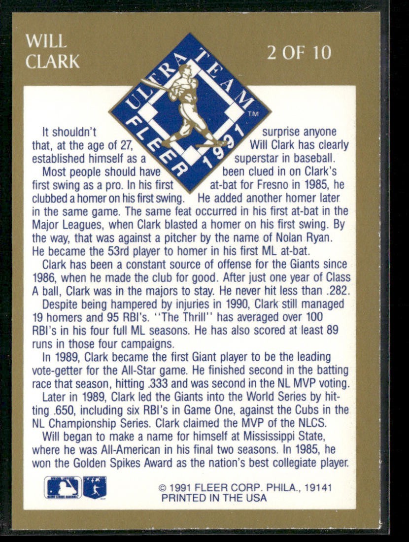 Will Clark Player Lot Bundle 10 Different Baseball Cards WC001 Giants back