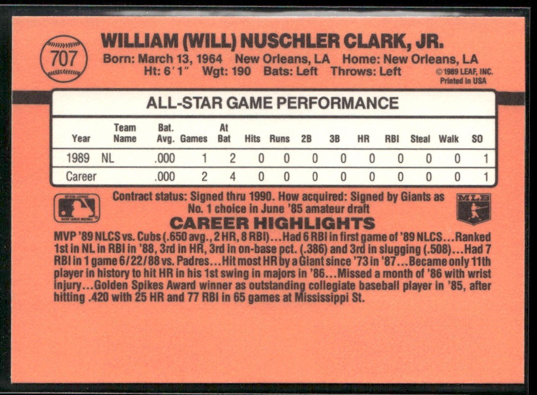 Will Clark Player Lot Bundle 10 Different Baseball Cards WC002 Giants back