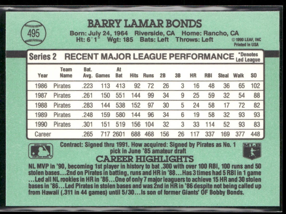 Barry Bonds Player Lot Bundle 10 Different Baseball Cards BB005 Giants Pirates back
