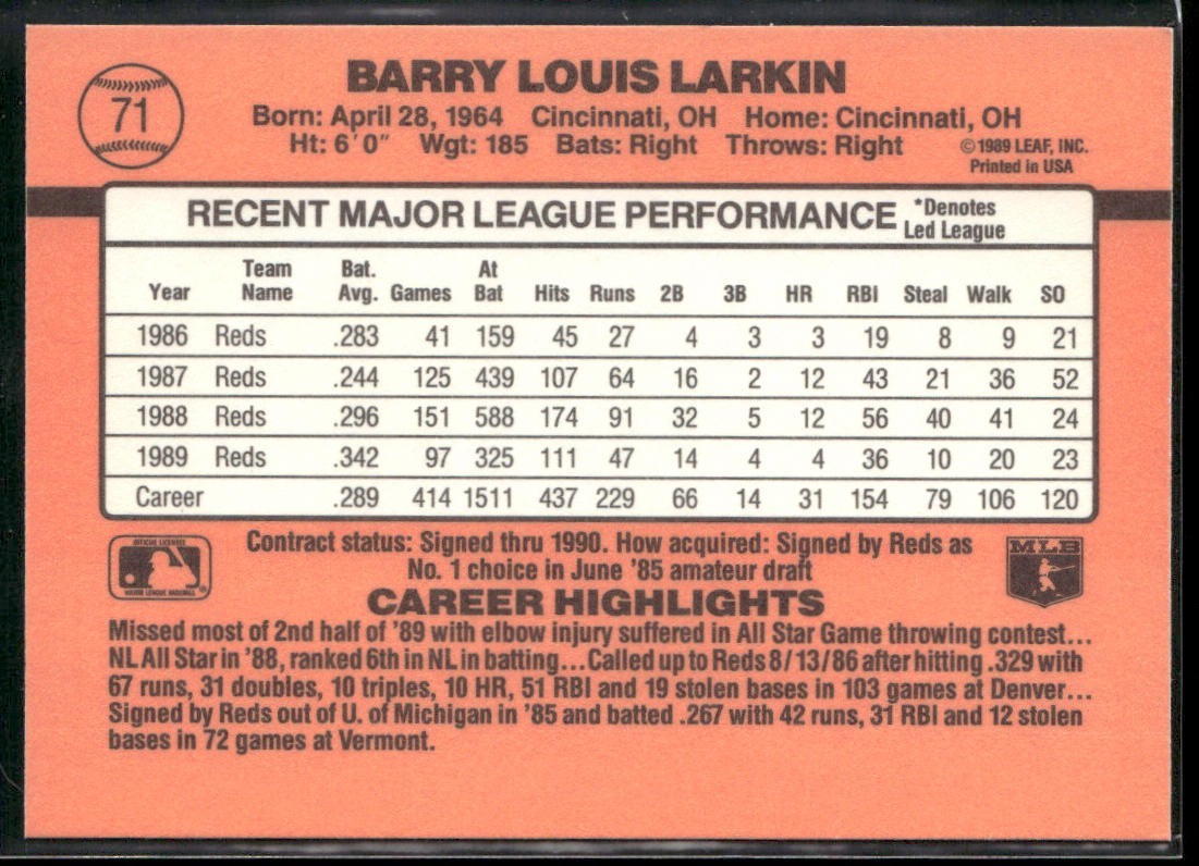 Barry Larkin Player Lot Bundle 10 Different Baseball Cards BL002 Reds back