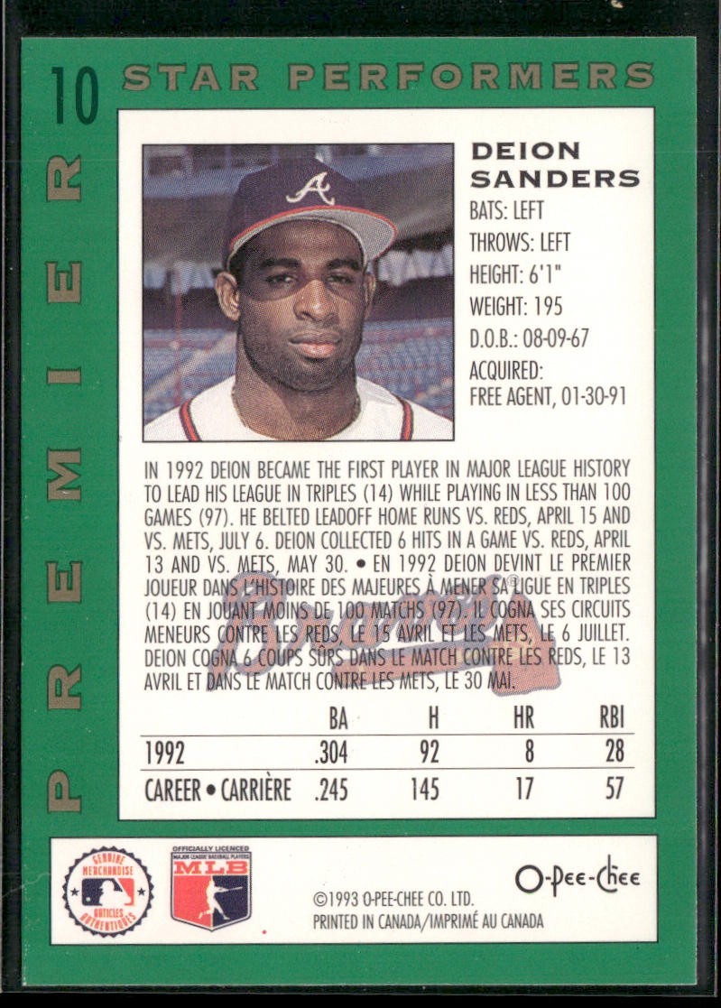 Deion Sanders Player Lot Bundle 10 Different Baseball Cards DS001 Yankees Braves back