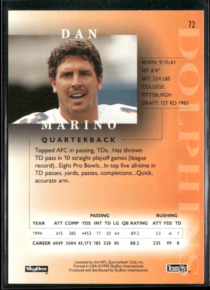 Dan Marino Player Lot Bundle 10 Different Football Cards DM002 Dolphins back