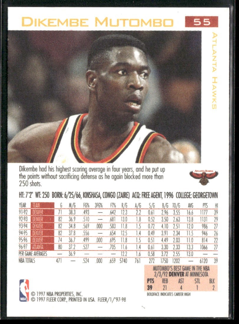 Dikembe Mutombo Player Lot Bundle 10 Basketball Cards DM003 Nuggets Hawks 1 RC back