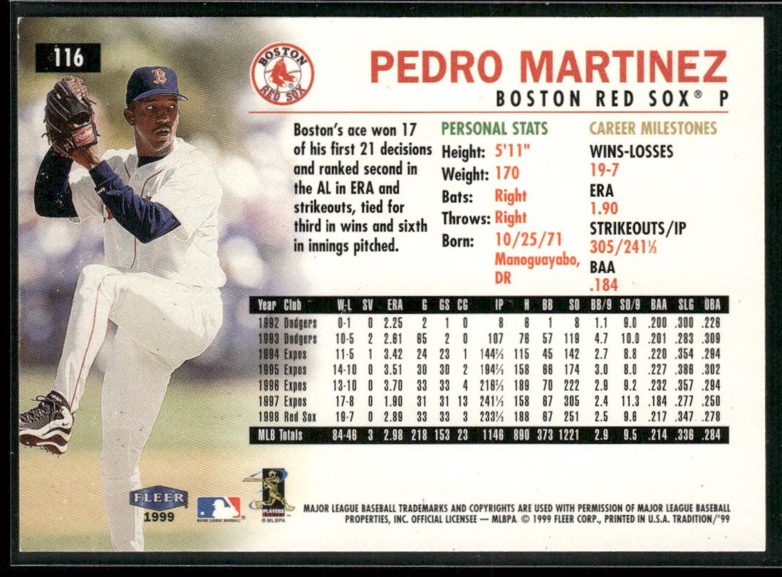 Pedro Martinez Player Lot Bundle 10 Different Baseball Cards PM001 Red Sox back