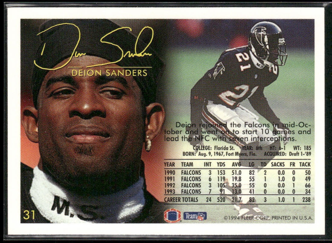Deion Sanders Player Lot Bundle 10 Different Football Cards DS004 Falcons 49ers back
