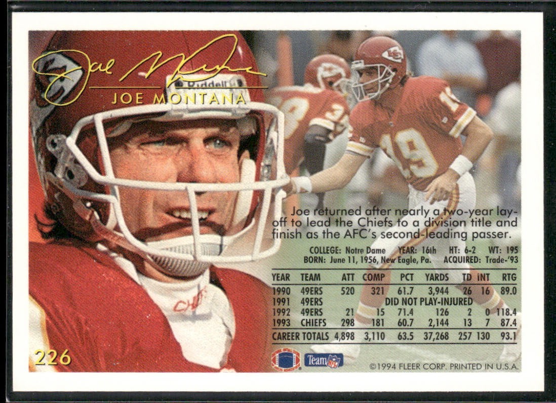 Joe Montana Player Lot Bundle 10 Different Football Cards JM004 49ers Chiefs back