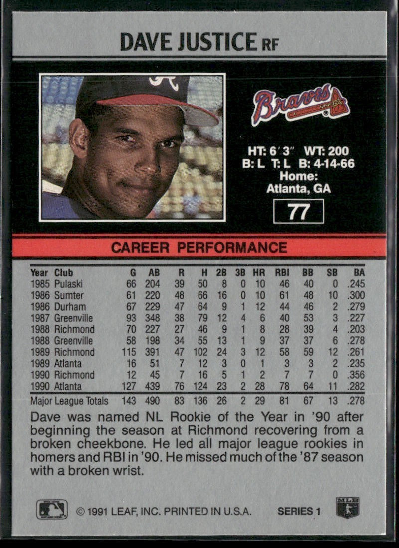 David Justice Player Lot Bundle 11 Different Baseball Cards DJ001 Braves back