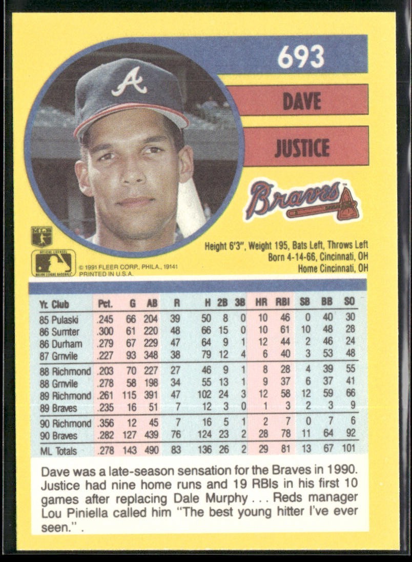 David Justice Player Lot Bundle 11 Different Baseball Cards DJ001 Braves back