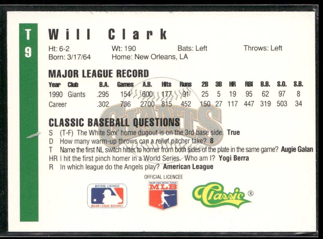 Will Clark Player Lot Bundle 10 Different Baseball Cards WC001 Giants back