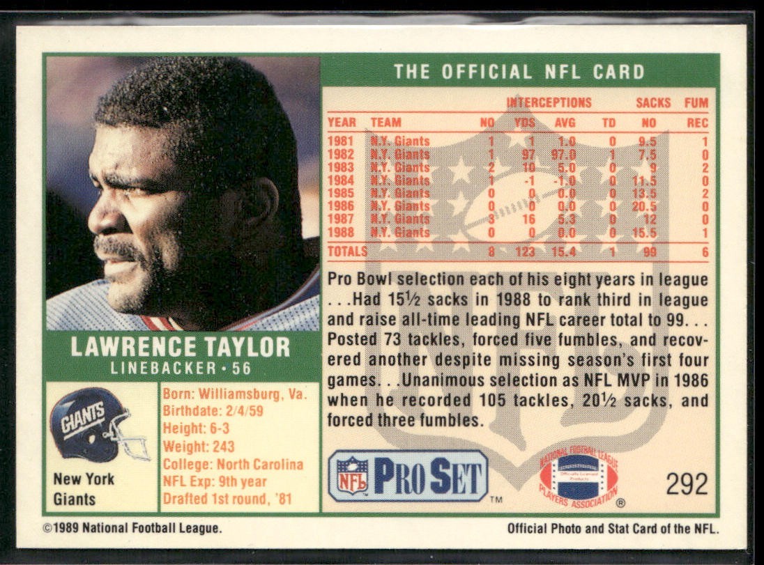Lawrence Taylor Player Lot Bundle 10 Different Football Cards LT006 Giants back